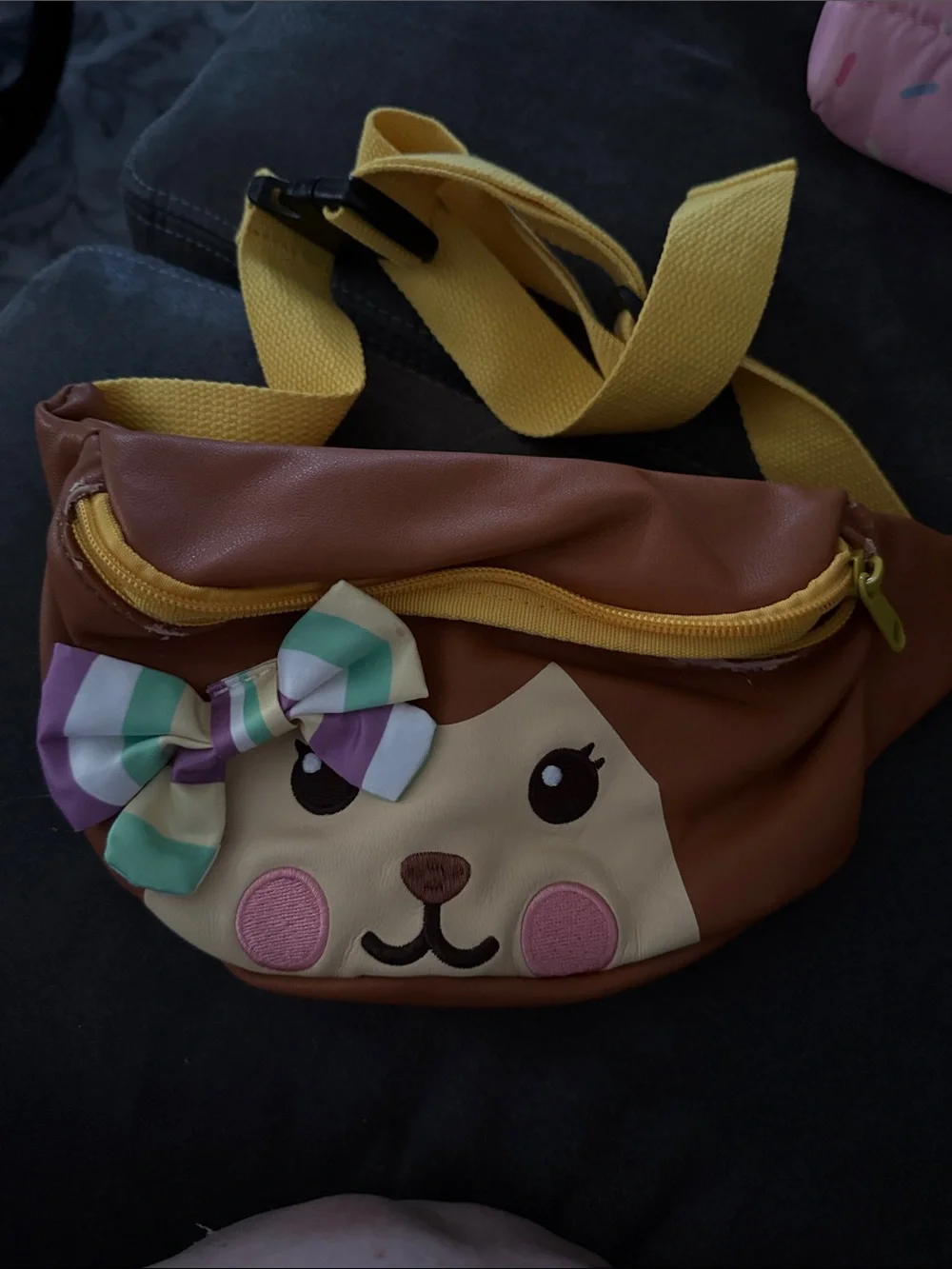 Kids Brown Animal Face Crossbody Bag with Yellow Strap and Bow